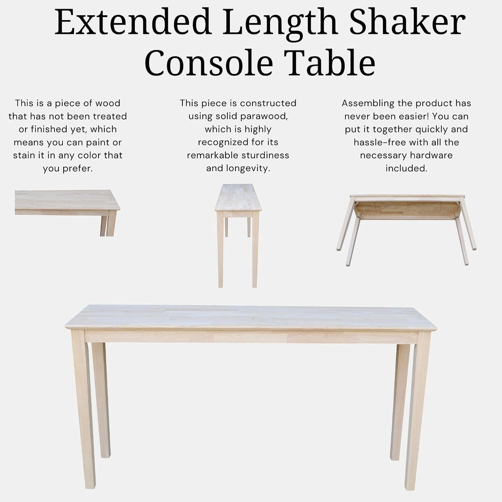 International Concepts Shaker Console Table, 60-Inch Long, Solid Parawood, Unfinished
