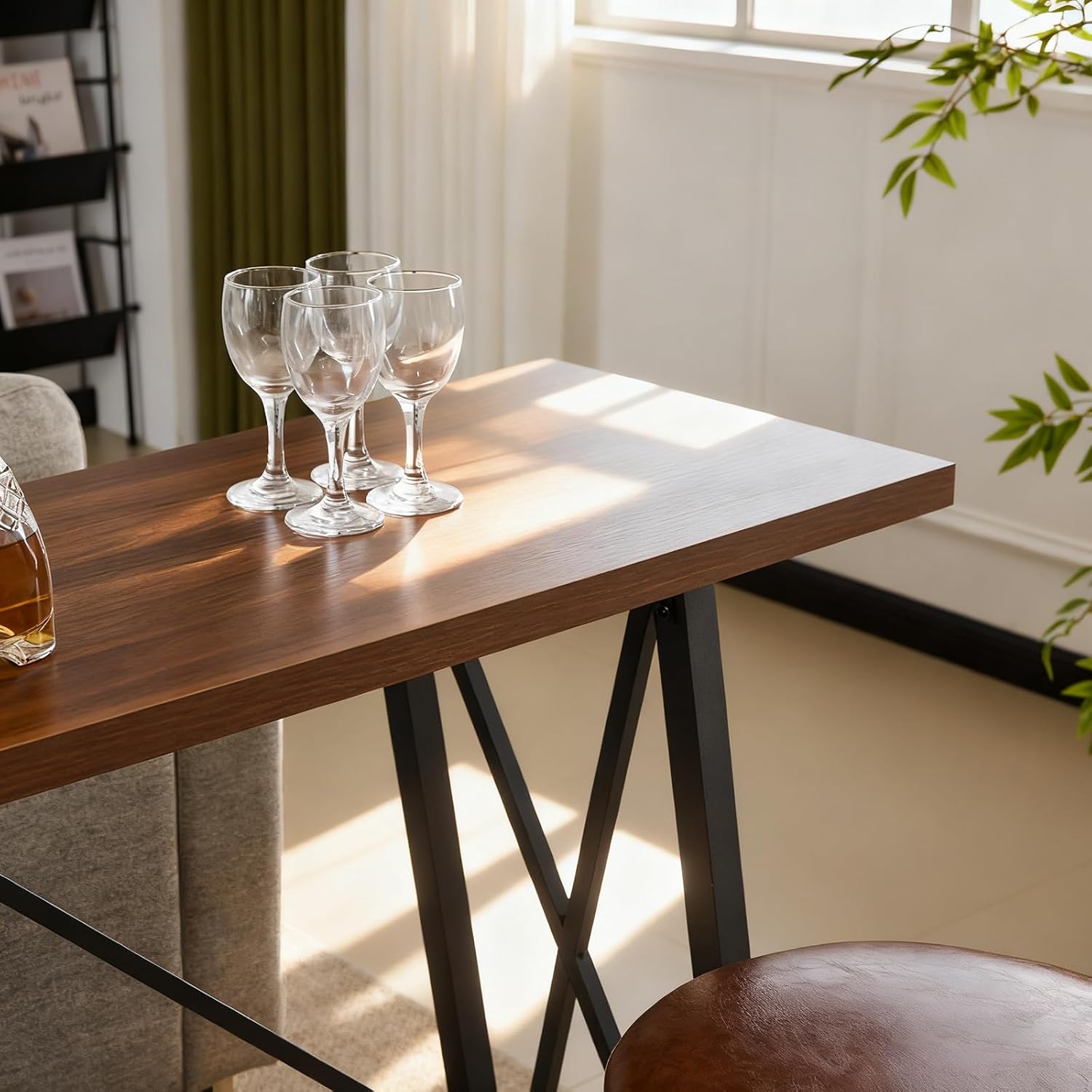 Karl home 83.8' Bar Table and Chairs Set, Sofa Table with 4 PU Stools, High Top Counter Height Table with Chairs for Kitchen Breakfast, Bistro, Dining Room, Living Room, Brown