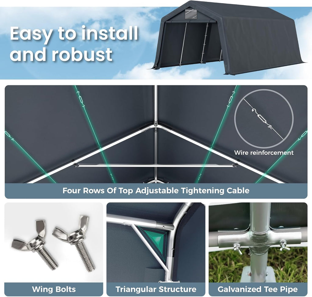 GREEN PARTY Storage Shelter Shed, 13x22 ft Portable Shed Outdoor Carport with Roll-up Zipper Door & Vents, Outdoor Storage Shed Portable Garage for Motorcycle, Bike, Waterproof & UV Protected, Gray