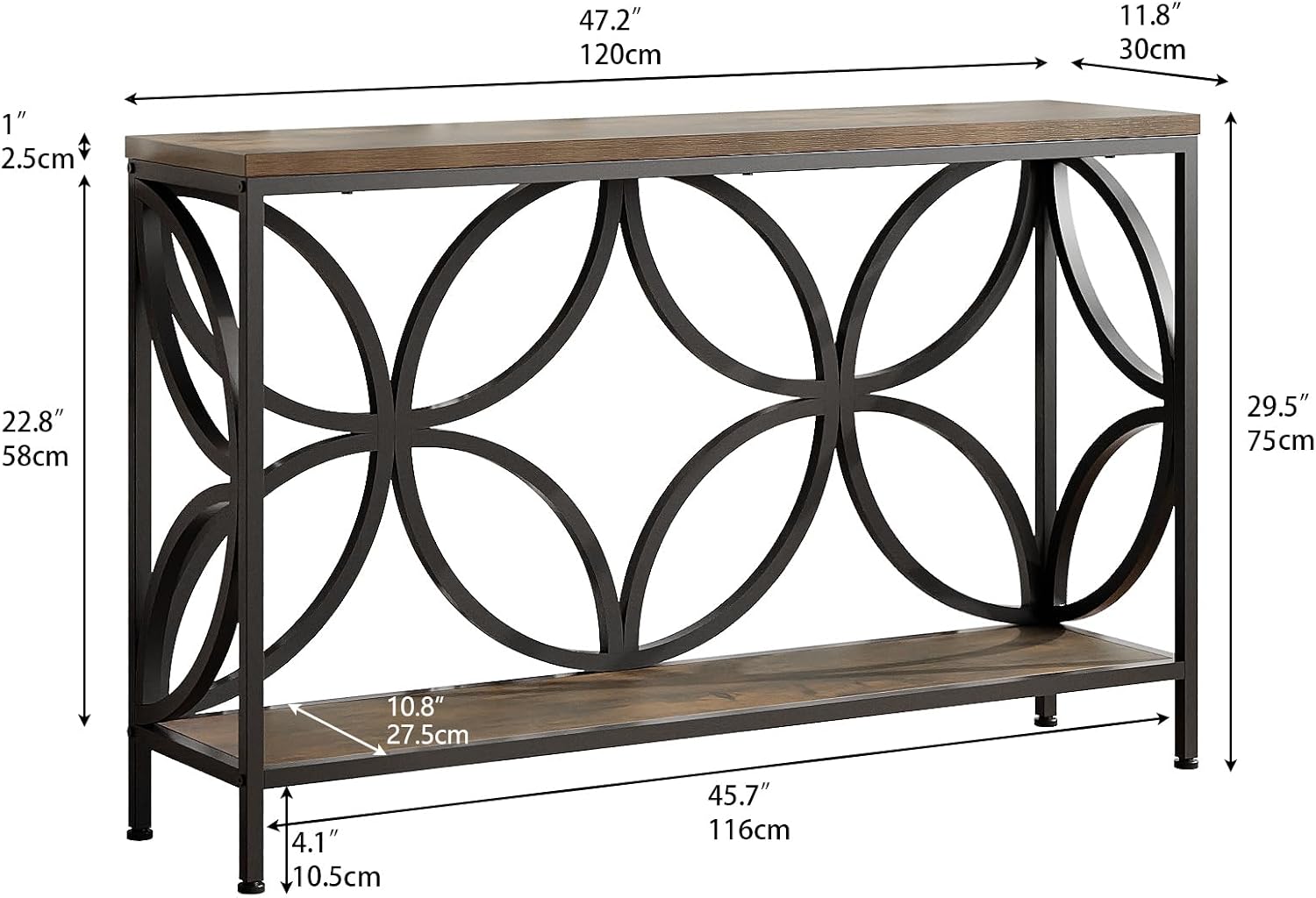 GiftGo Narrow Sofa Table 47.2 Inch, Industrial Sofa Table Behind Couch, Vintage Entry Console Table with Storage for Entryway, Living Room, Foyer, Elegant Design (Rustic Brown, 47.2)