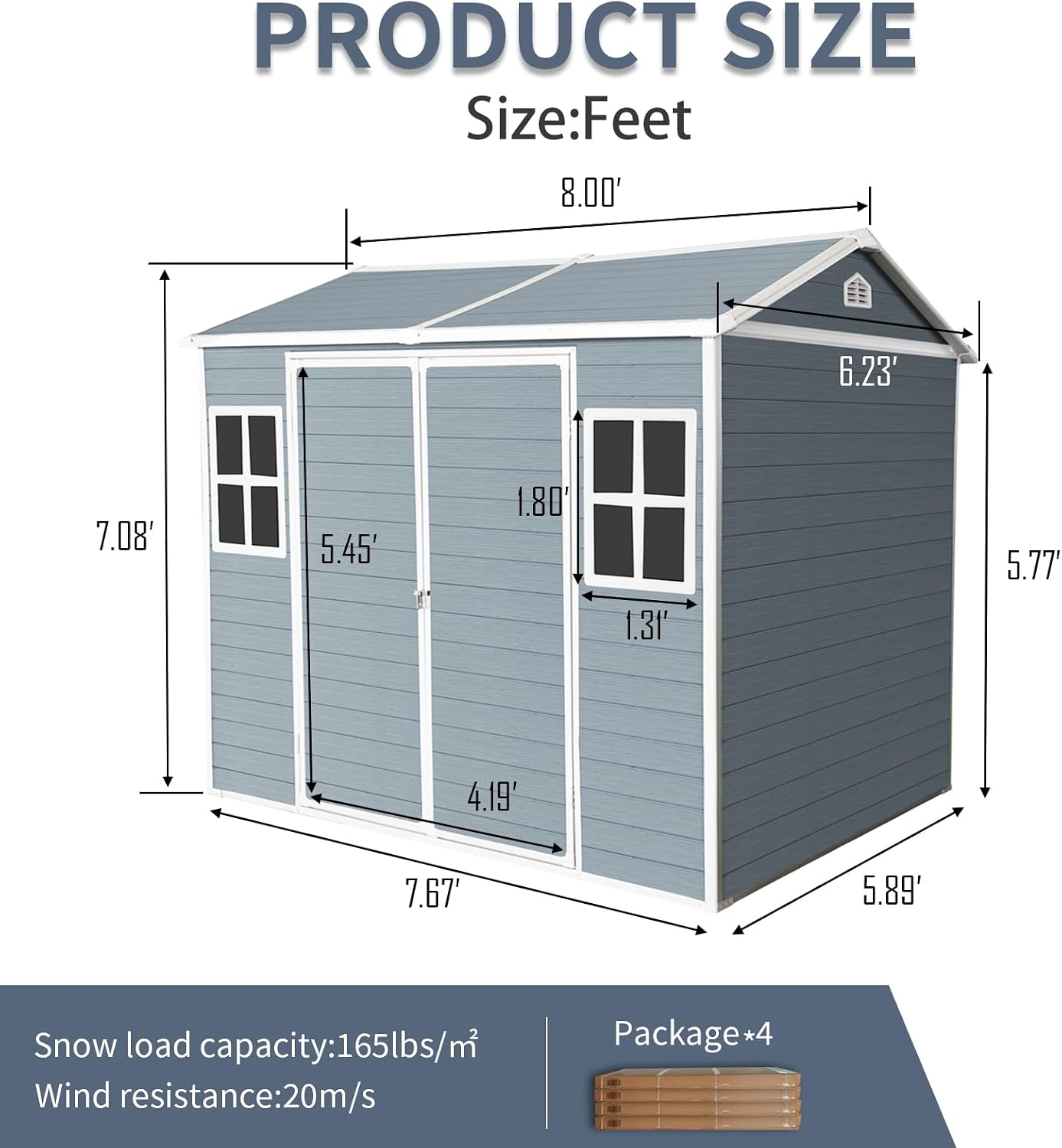 Outdoor Storage Shed with Two-Window and Double-Door, Resin Storage Shed with Lockable Door, Plastic Shed with Floor for Gargen, Patio, Yard, Lawn (Light Gray, 8 x 6 FT)