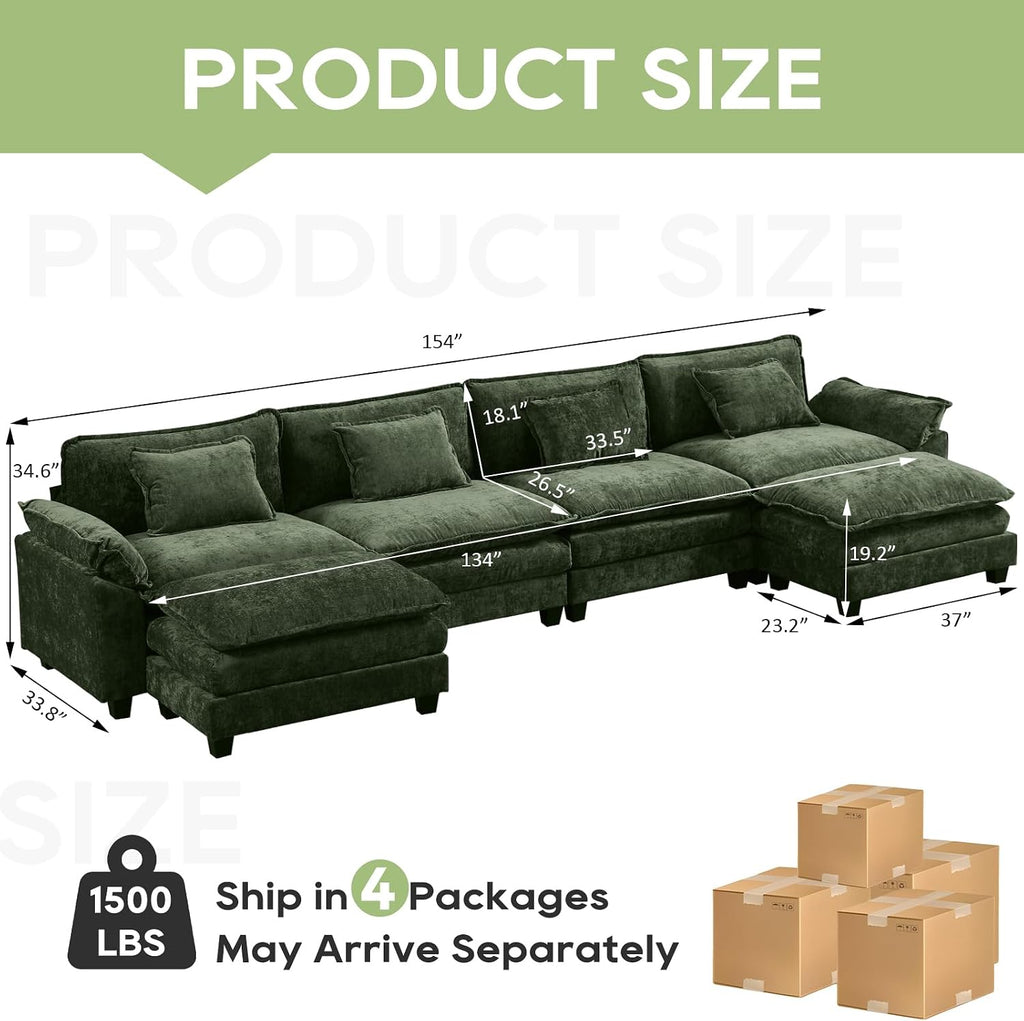 Oprisen 154' Modular Sectional Sofa, Comfy Cloud Couch Sectional Sofa with Ottoman, Chenille Sofa Sleeper Deep Seat Sofa with Throw Pillows for Living Room (Green, 154'- U Shape)