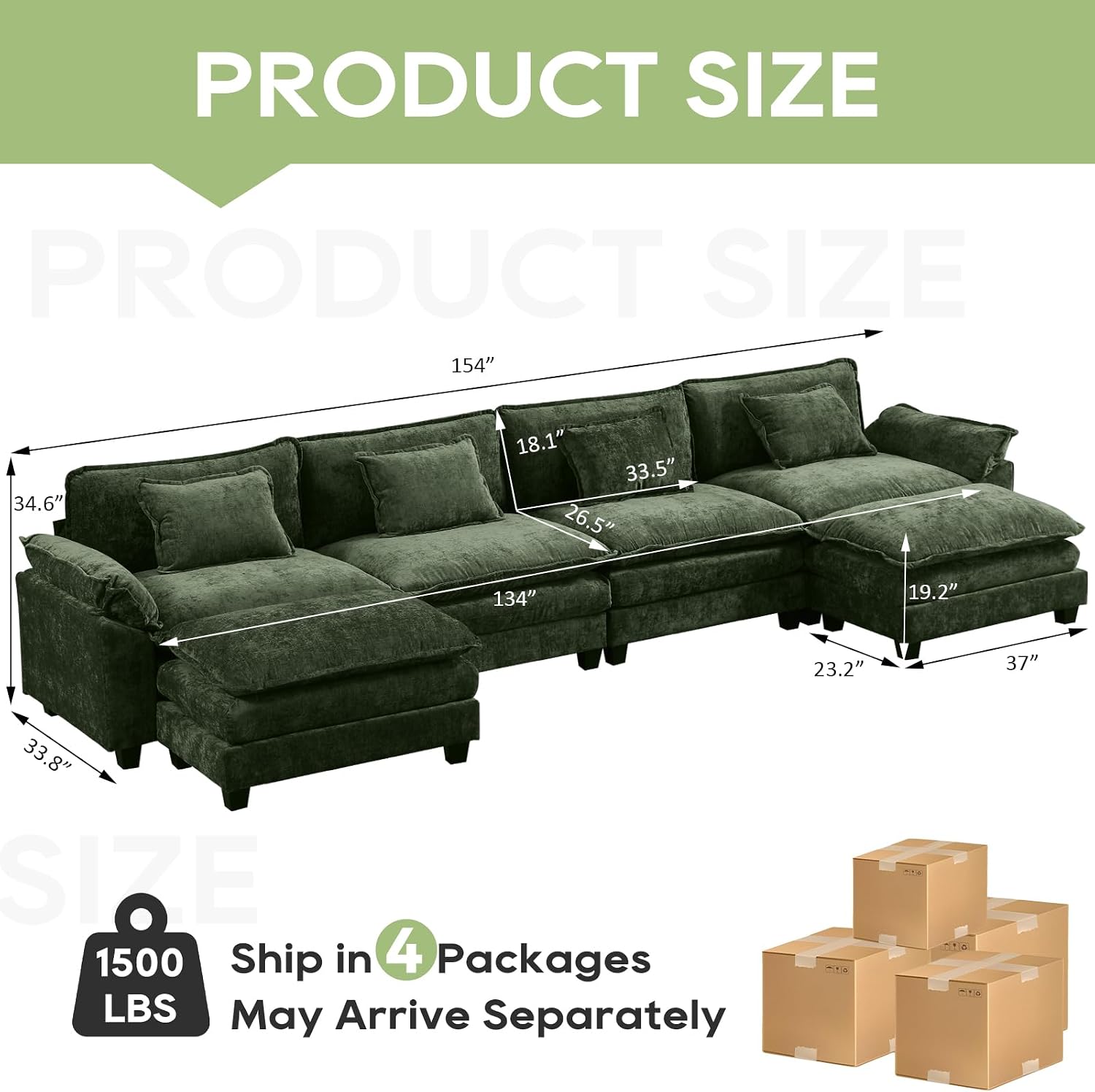 Oprisen 154' Modular Sectional Sofa, Comfy Cloud Couch Sectional Sofa with Ottoman, Chenille Sofa Sleeper Deep Seat Sofa with Throw Pillows for Living Room (Green, 154'- U Shape)
