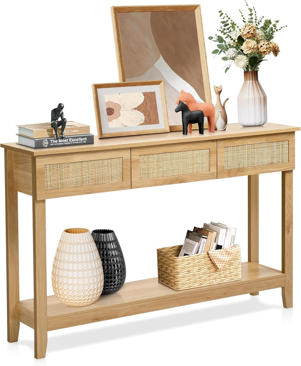 Karl home Console Table, Rattan Entryway Table with Storage Narrow Long, w/3 Drawers & Storage Shelf, Sofa Table Foyer Hallway Behind Couch Table for Living Room, Natural Wood