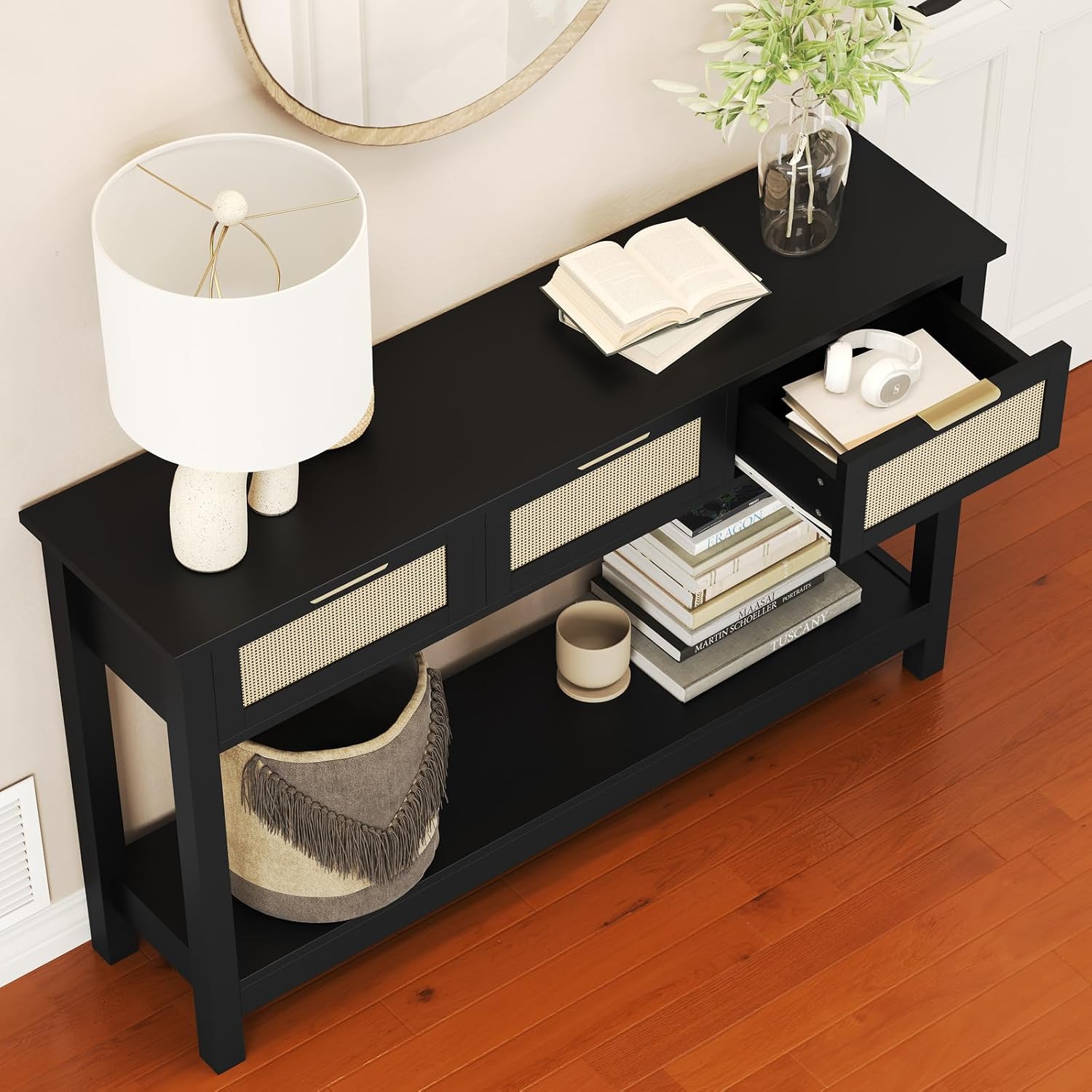 Luoxiao Entryway Table, 47' Rattan Console Tables with 3 Drawers, Narrow Hallway Table for Entryway with Storage Shelf, Slim Sofa Table Behind Couch, Modern Black Foyer Entry Way Table, Easy Assembly