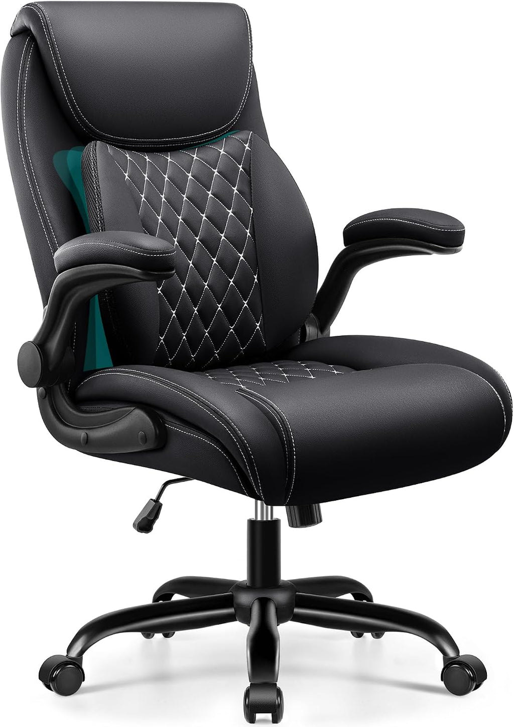 BESTFAIR Office Chair, Ergonomic Computer Desk Chairs with Lumbar Support for Lower Back Pain Relief, Executive Leather Home Chair Comfy with Padded Flip-up Armrests, Black