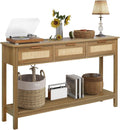 LAZZO Rattan Console Table Boho Entryway Table Narrow Long Sofa Table Hallway Foyer Table Behind Couch Table with 3 Drawers and Open Storage Shelf for Living Room and Corridor Brown
