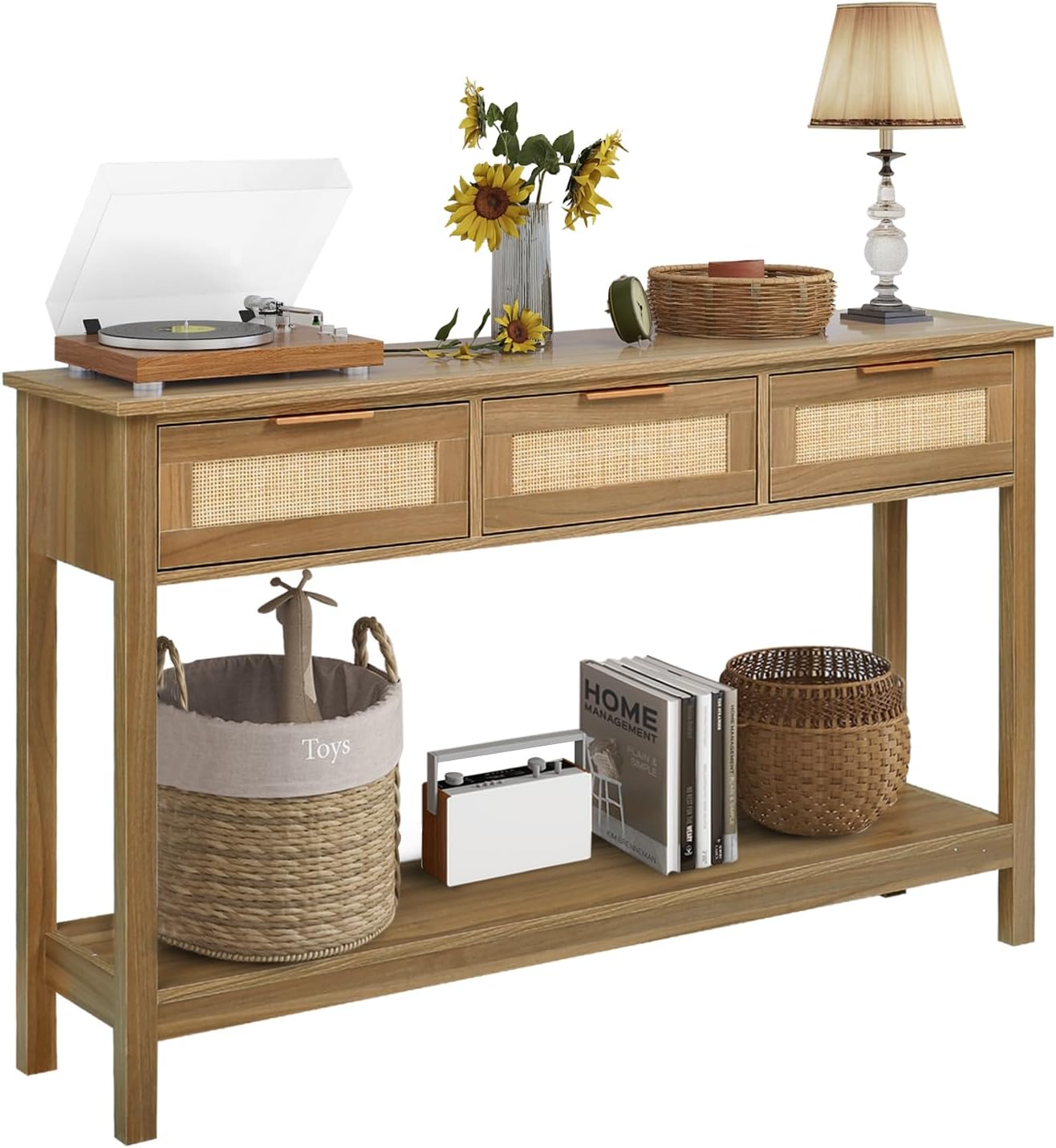 LAZZO Rattan Console Table Boho Entryway Table Narrow Long Sofa Table Hallway Foyer Table Behind Couch Table with 3 Drawers and Open Storage Shelf for Living Room and Corridor Brown