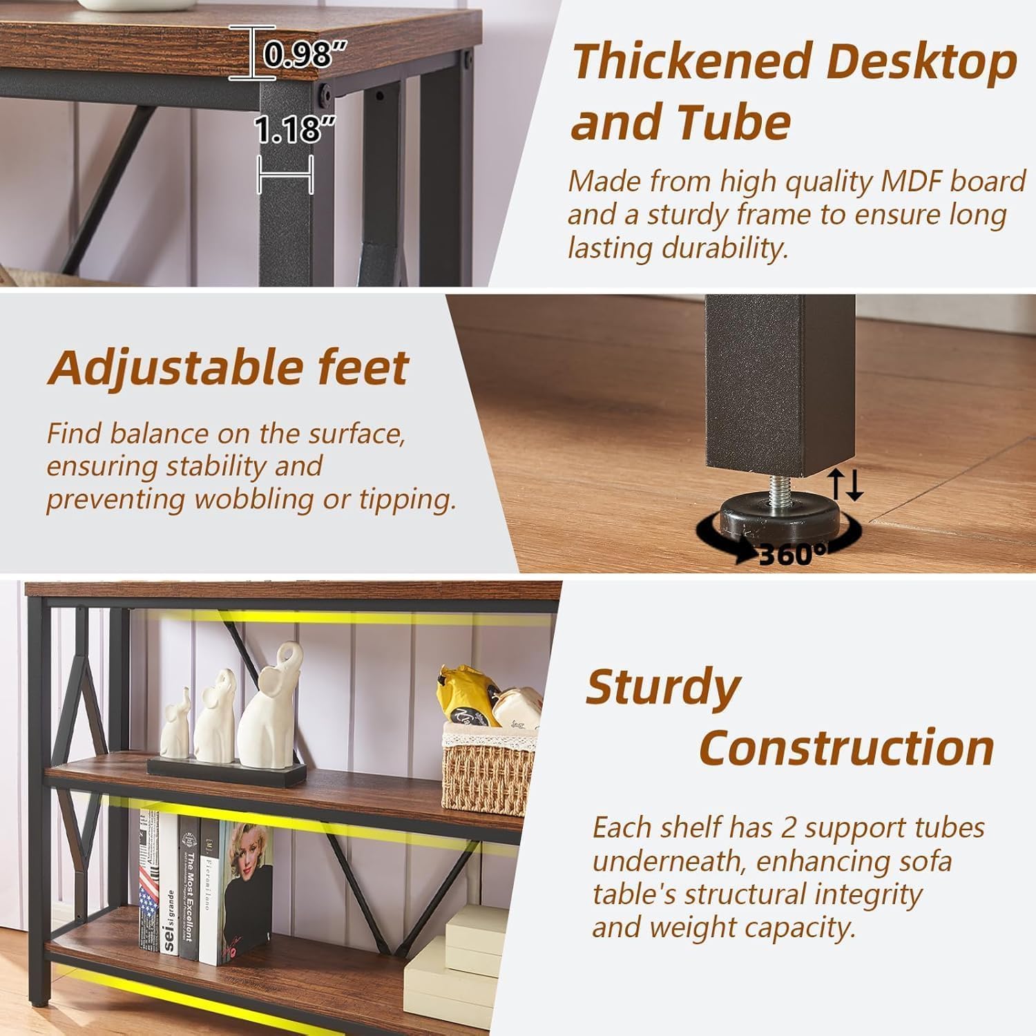 HOMISSUE Sofa Console Table, Rustic Console Table with 3-Tier Storage, Engineered Wood Sofa Tables with Open Shelves, Heavy Duty Entryway Tables for Living Room, Hallway (55 Inch, Rustic Brown)