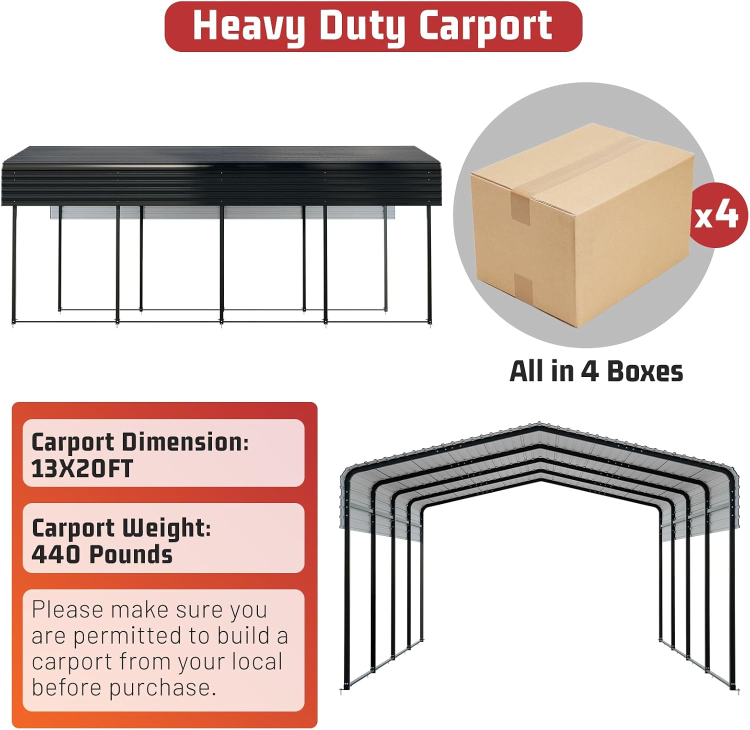 NUGRIART Metal Carport 13 x 20 FT with Heavy Duty Frame & Galvanized Steel Roof, Metal Car Garage, Sturdy Canopy Shelter for Car, Truck, Pickup, SUV, Tractor, and Boat