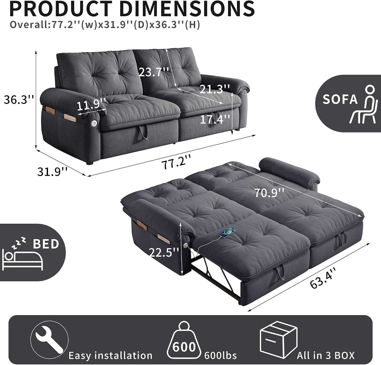 77' Queen Size Sofa Bed, Loveseat Sleeper Sofa with Pull Out Bed, Pockets and USB, Modern 2 Seater Convertible Small Couch for Living Room Bedroom Apartment, Gray