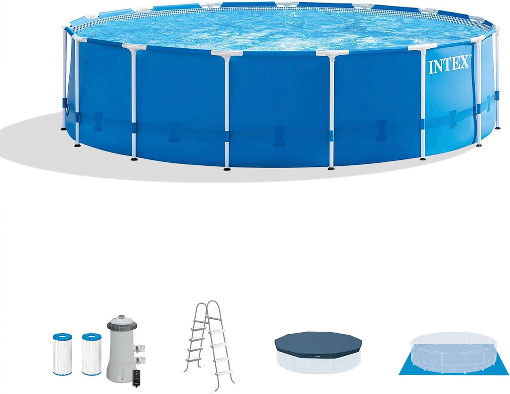 Intex 15 Foot by 48 Inch Round Metal Frame Above Ground Swimming Pool Set for Outdoor Use with Filter Pump, Ladder, Ground Cloth, and Cover, Blue