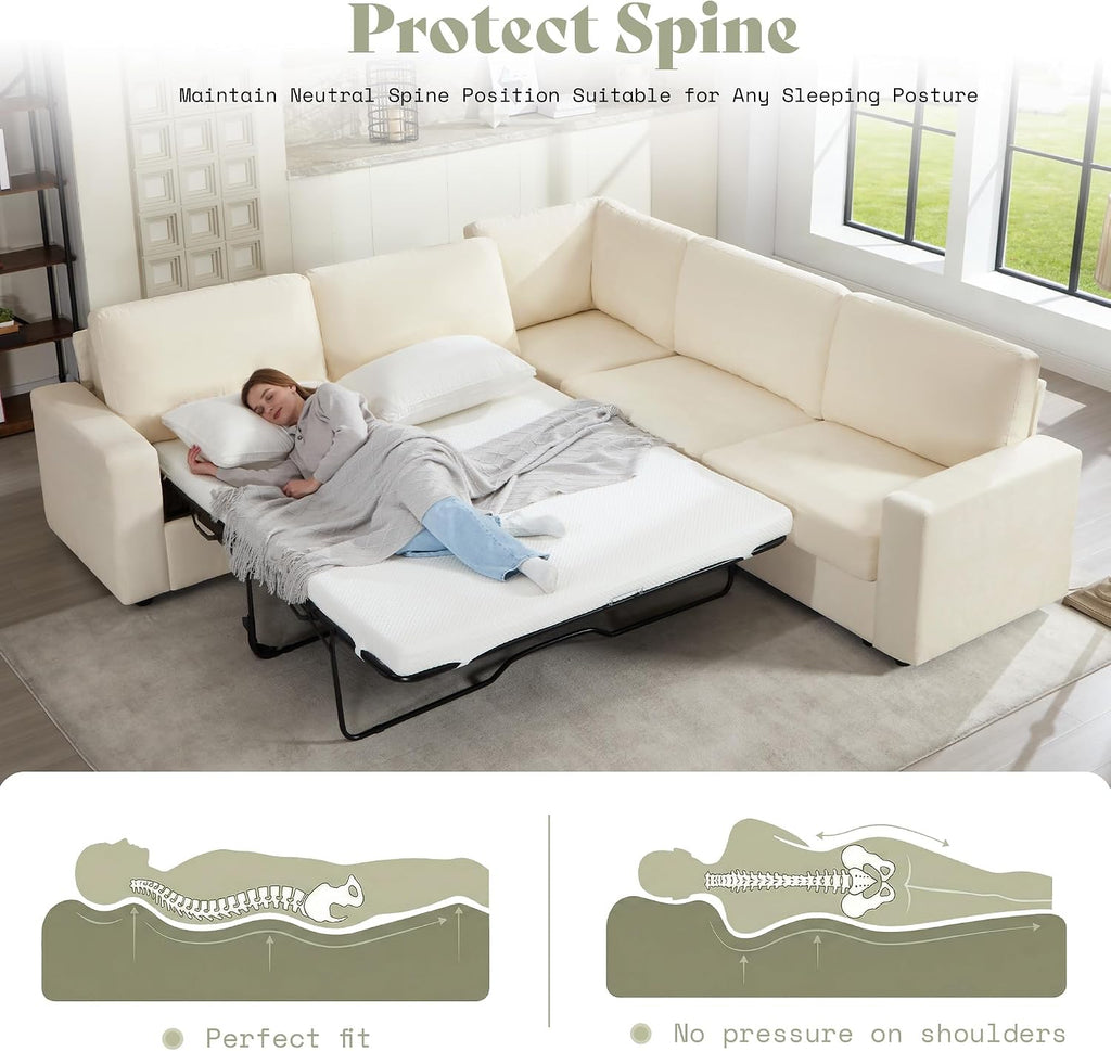 AMERLIFE 106' Oversized Sofa Bed, Sectional Sleeper Sofa with Pull Out Bed, 3 in 1 Convertible Sofa Bed, L Shaped Couch with Storage, High Resilience Mattress, Chenille Beige