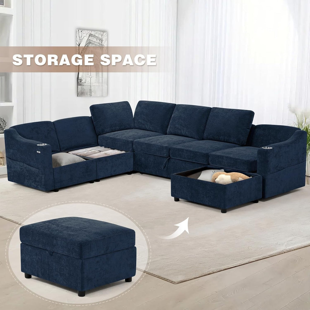 116' Chenille Modular Sofa Bed w/Adjustable Backrests, U-Shape Sleeper Sofa w/USB Ports & Storage Space, Convertible Corner Sectional Couch w/Pull Out Bed for House, Living Room, Blue