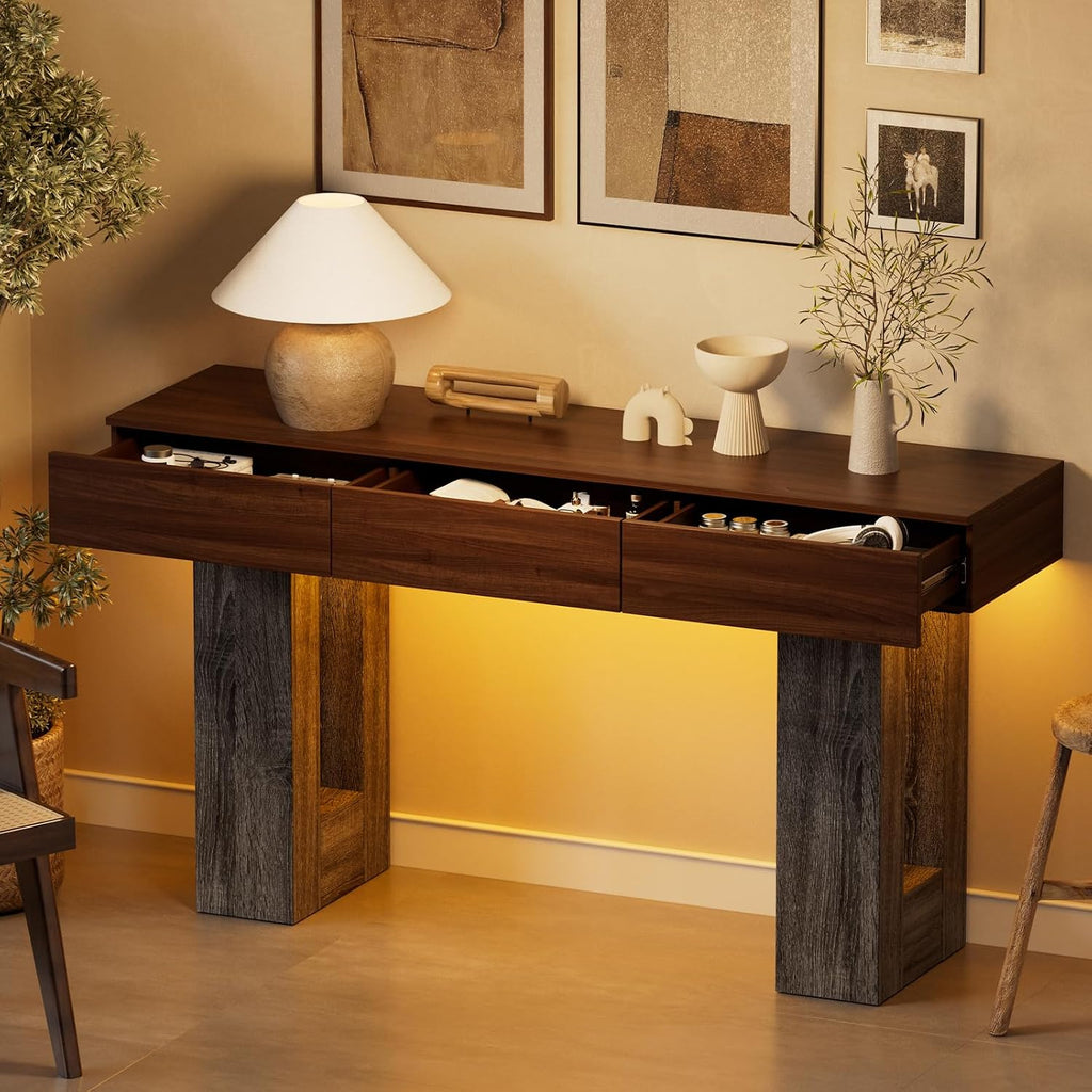 PAKASEPT 63-Inch Long Console Table with Colorful LED Lights and 3 Drawers, Farmhouse Sofa Table with Storage, Wooden Entryway Table for Hallway, Living Room, Foyer, Vintage Brown