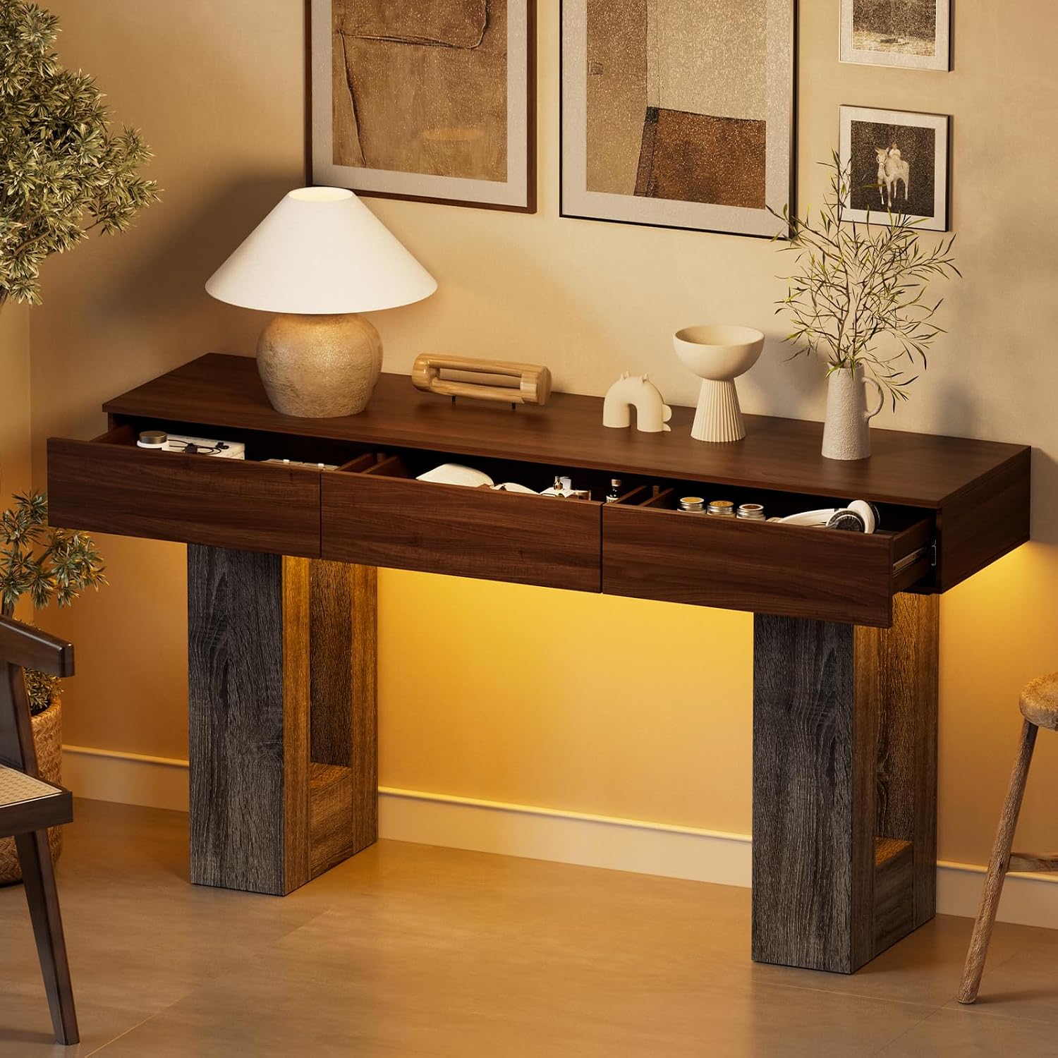PAKASEPT 63-Inch Long Console Table with Colorful LED Lights and 3 Drawers, Farmhouse Sofa Table with Storage, Wooden Entryway Table for Hallway, Living Room, Foyer, Vintage Brown