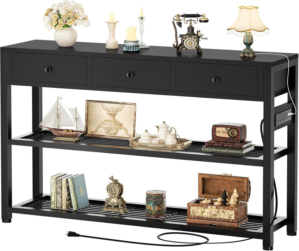 Ecopriso 47'' Entryway Table with Outlets and USB Ports, Console Table with 3 Drawers, Sofa Table Narrow Long with Storage Shelves for Living Room, Couch, Hallway, Foyer, Kitchen Counter, Black