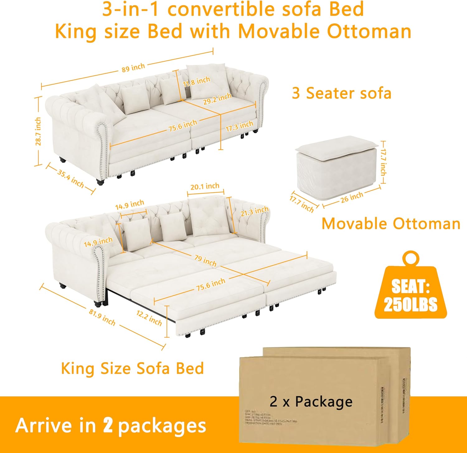 89' King Pull Out Sofa Bed, Velvet Chesterfield Sleeper Sofa Couch, 3 in 1 Convertible Tufted Futon Couches with Ottoman for Living Room, Small Space, Apartment, Bedroom, Office, Beige
