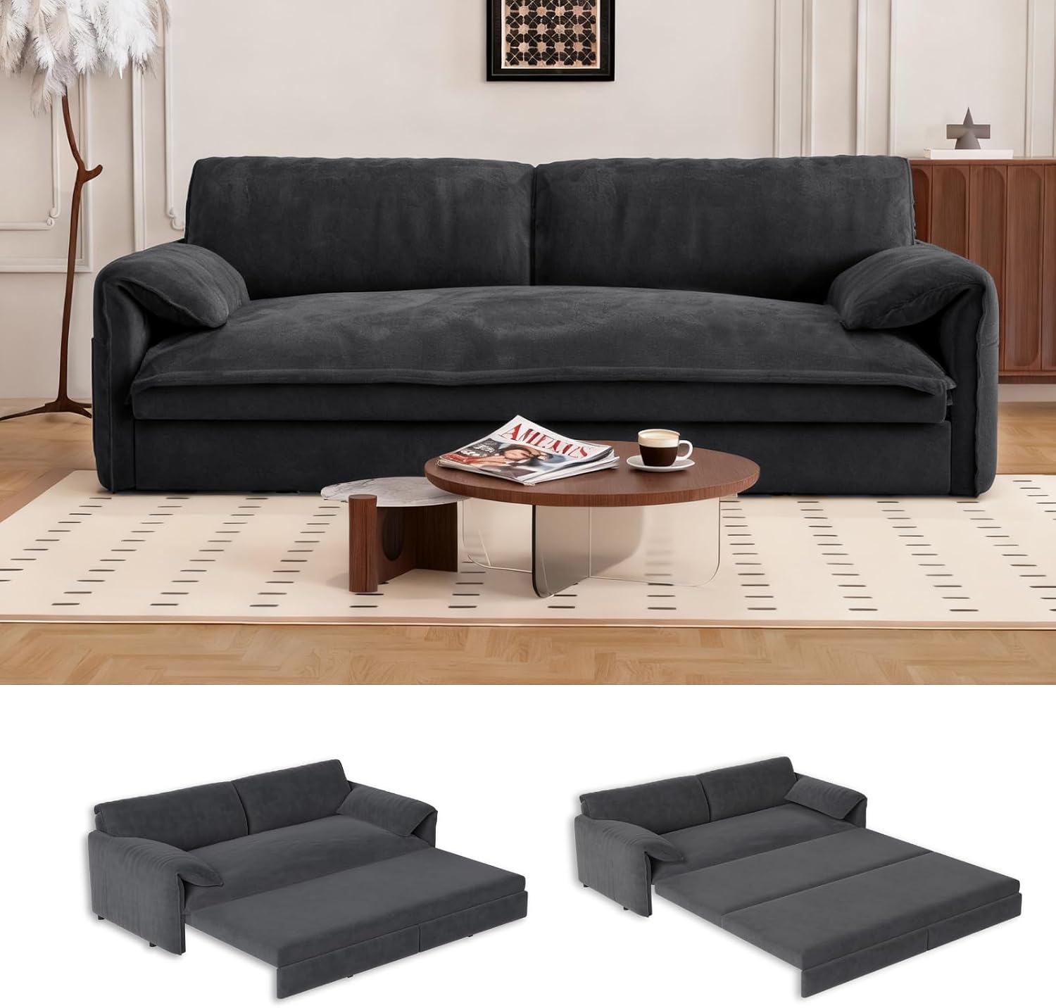 66' Convertible Pull-Out Couch Bed, Velvet 3-in-1 Queen-Size Sleeper Sofa with Storage Side Pockets, Sleeper Loveseat for Apartments, Living Rooms, Offices, RV