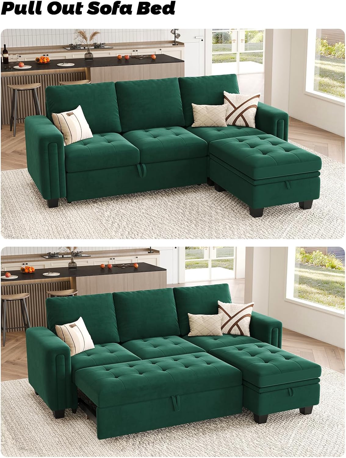 Belffin Sectional Sleeper Sofa with Pull Out Couch Bed Modular Sectional Sofa with Storage Velvet L Shaped Couch Sleeper Bed Green