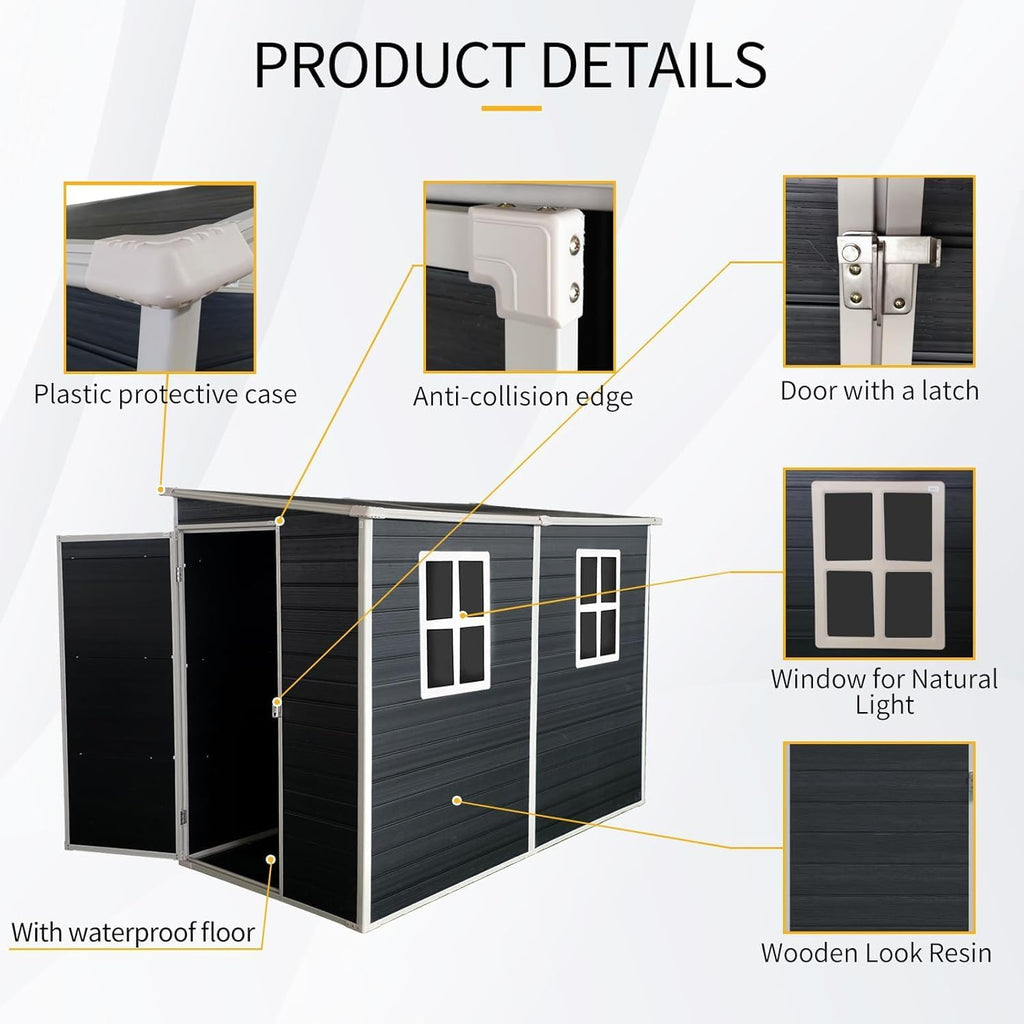 KUIKUI 8x4 FT Shed with Floor Included, Storage Sheds Plastic Sheds, Lean to Shedwith 2 Windows and Lockable Door, Backyard Storage Sheds for Garden Tools, Bike, Black