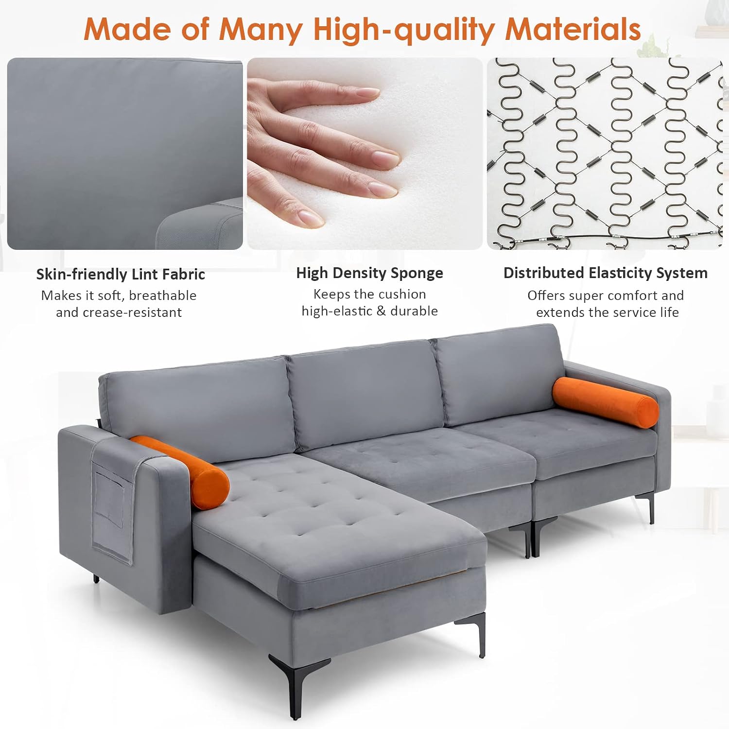 Giantex 97' Large Couch, 3 Seat Sectional Sofa Set, L-Shaped Modular Sleeper with Convertible Chaise Lounge, USB Ports, 3-Hole Socket, Storage Box, 2 Bolsters, Family Apartment Living Room