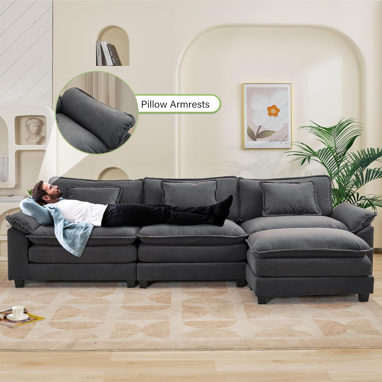 Oprisen 120' Modular Sectional Sofa, Comfy Cloud Couch Sectional Sofa with Ottoman, Velvet Sofa Sleeper Deep Seat Sofa with Throw Pillows for Living Room (Blue Gray, 120'- L Shape)