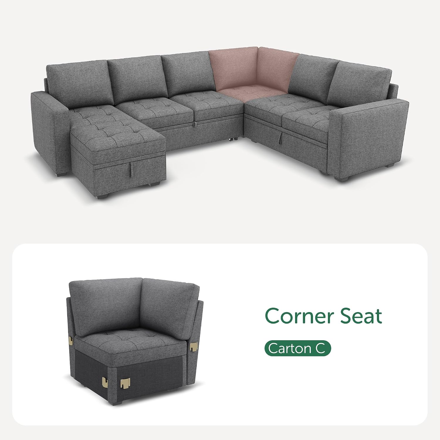 HONBAY Modular Sectional Sleeper Sofa with Pull Out Bed, Corner Seat for Sectional Couch, Grey