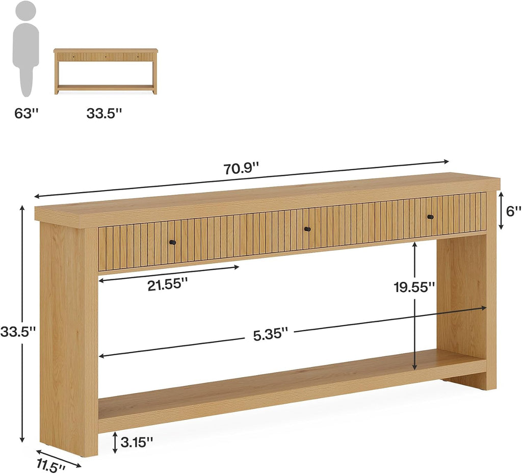 Tribesigns 70.9 inch Extra Long Entryway Table with 3 Drawers, Sofa Console Table with Open Storage Shelves, Oak Color Furniture, Wooden Couch Foyer Tables for Living Room Hallway Entrance
