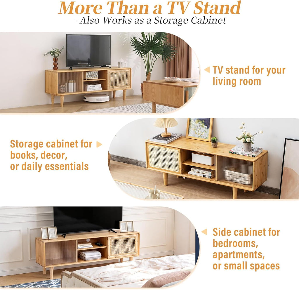Tiita Rattan TV Stand for 55 Inch TV, Bamboo TV Cabinet with Adjustable Shelf and Storage, Boho Entertainment Center, Mid Century Modern Media Console for Bedroom, Living Room, Study (Natural)