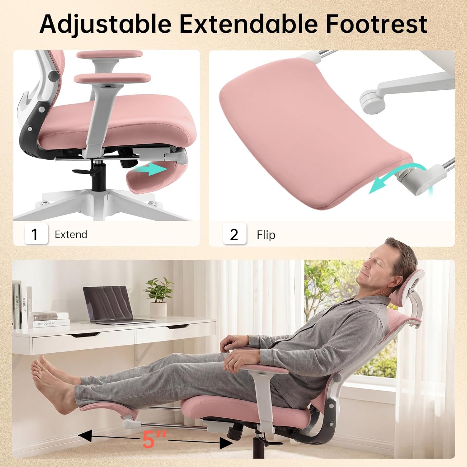 Foldable Office Chair with Foot Rest, Ergonomic Office Chair with Adjustable Lumbar Support, Headrest, Armrest, Home Office Desk Chair for Space Saving, Work from Home, Pink