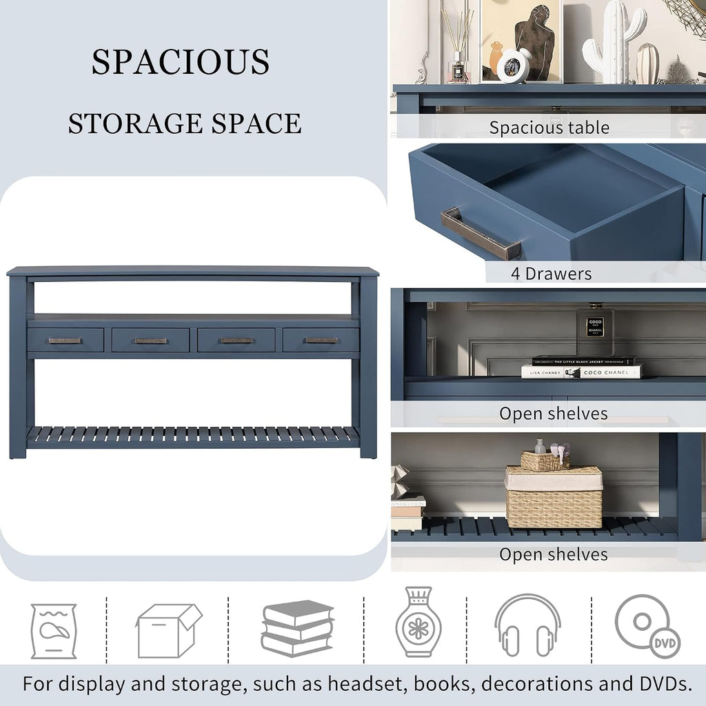 62 in Blue Console Table with 4 Drawers and 3-Tier Storage Shelves, Wood Modern Sofa Table Entryway Table Side Table for Entry Way, Hallway, Couch, Living Room, Kitchen, Foyer