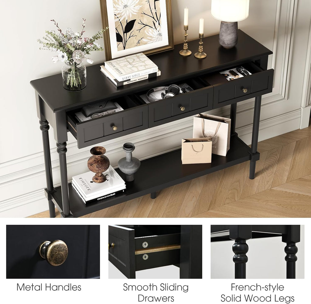 JOINICE Console Tables with Drawers,43' Entryway Table with Shelf and Solid Wood Legs,Narrow Long Sofa Table with Storage, Wood Foyer Tables for Entryway,Living Room,Hallway,Black