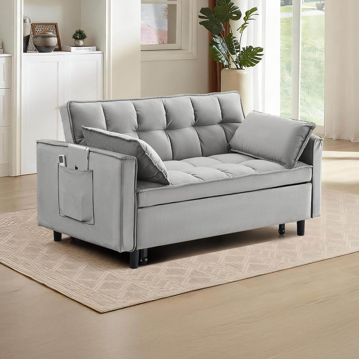 CAPCAEK 3 in 1 Convertible Sleeper Sofa Bed, Modern Velvet Loveseat Pull-Out Couch w/Pullout Bed, Small Love Seat Lounge Sofa w/Reclining Backrest,Toss Pillows, Pockets, for Living Room (Grey, 55.1)