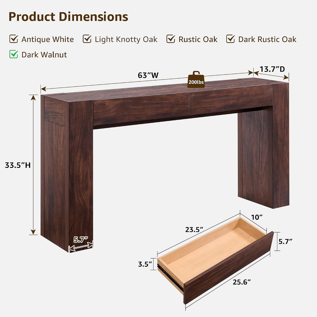 OKD Modern Entryway Console Table, Sofa Table with Drawers, 63' Long Hall Table Behind Couch, Thick Wood Design for Living Room, Hallway - Dark Walnut