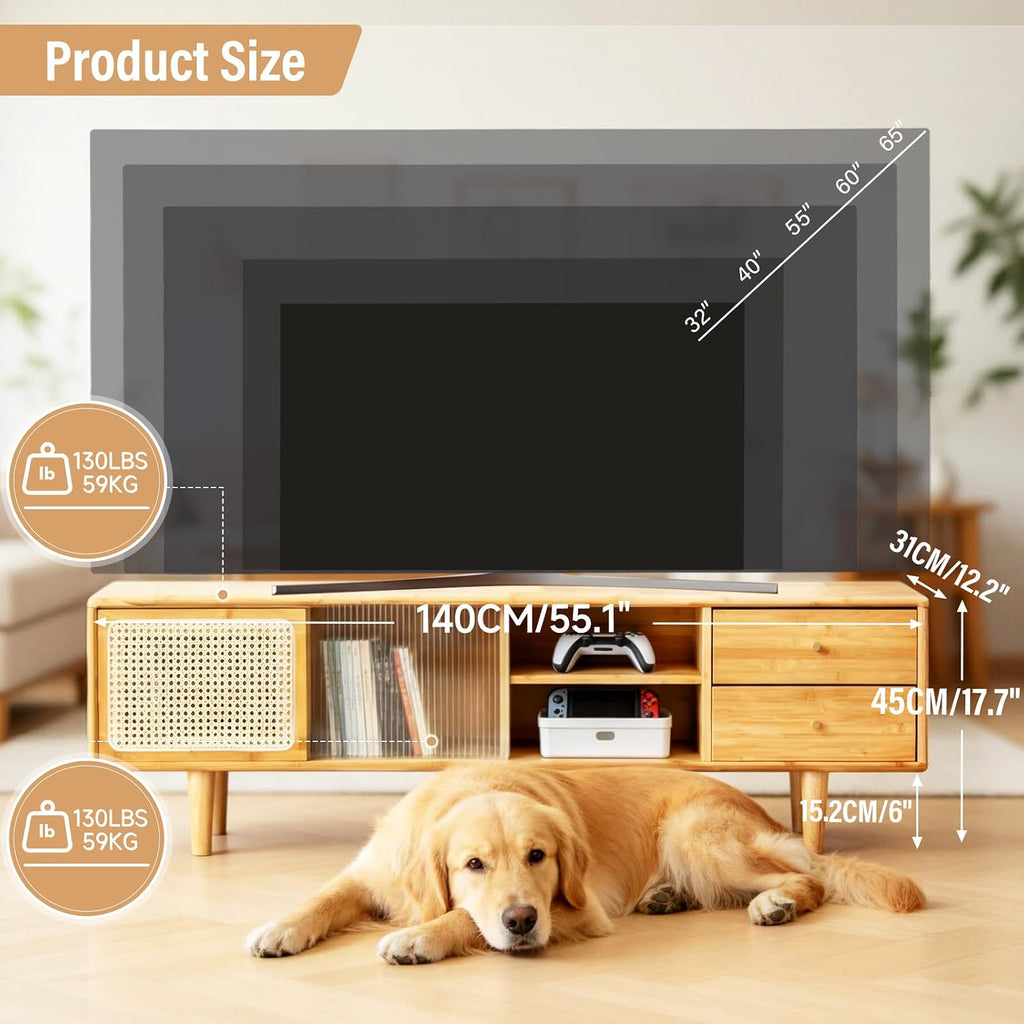 Tiita Rattan TV Stand for 55 60 Inch TV, Bamboo TV Cabinet with 2 Drawers, Boho Entertainment Center with Adjustable Shelf, Mid Century Modern Media Console for Bedroom, Living Room, Study