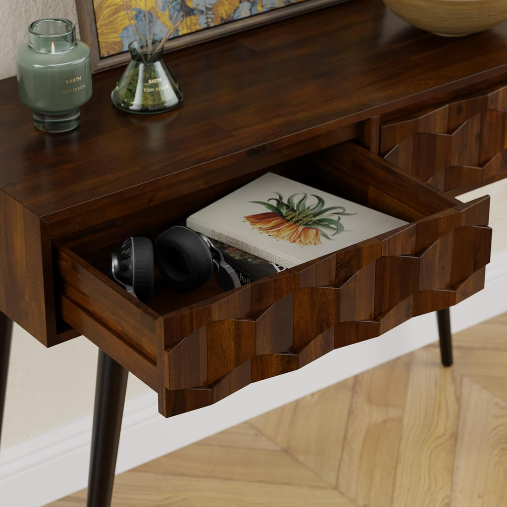 Bme Console Modern Mid-Century 2 Drawers, Unique Geometric Design Sofa Table for Entryway, Hallway, Living Room, Walnut