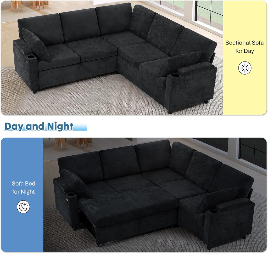85' Chenille Reversible Sectional Sofa w/Pull Out Bed, Upholstery L Shaped Couch w/Storage Armrests & Cup Holders, Modern Corner Sofa w/USB Charging Port & Throw Pillow for Living Room, Black
