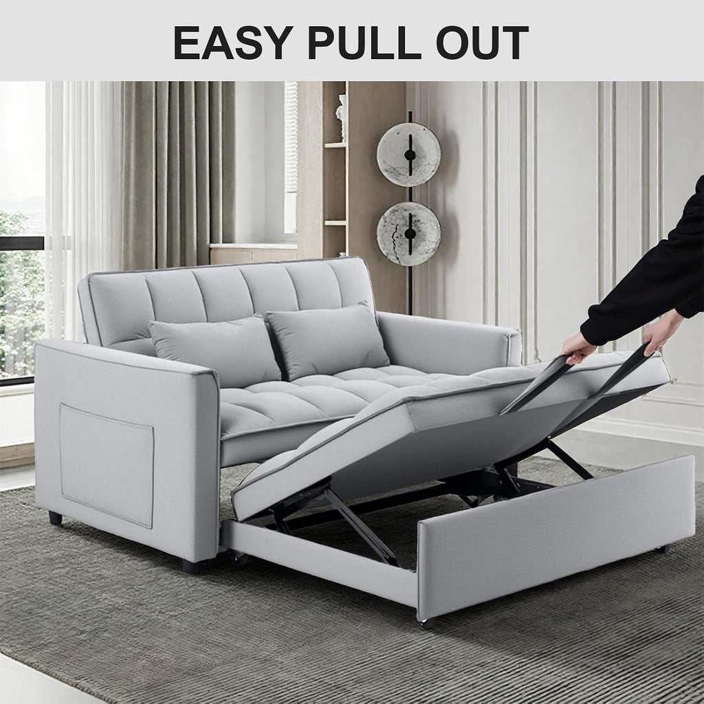 3 in 1 Convertible Sleeper Sofa Bed, 53' Pull Out Sofa Bed with 3-Level Adjustable Backrest, Velvet Fabric Loveseat Sleeper Couch for Living Room & Bedroom & Apartment & Dorm, Light Gray