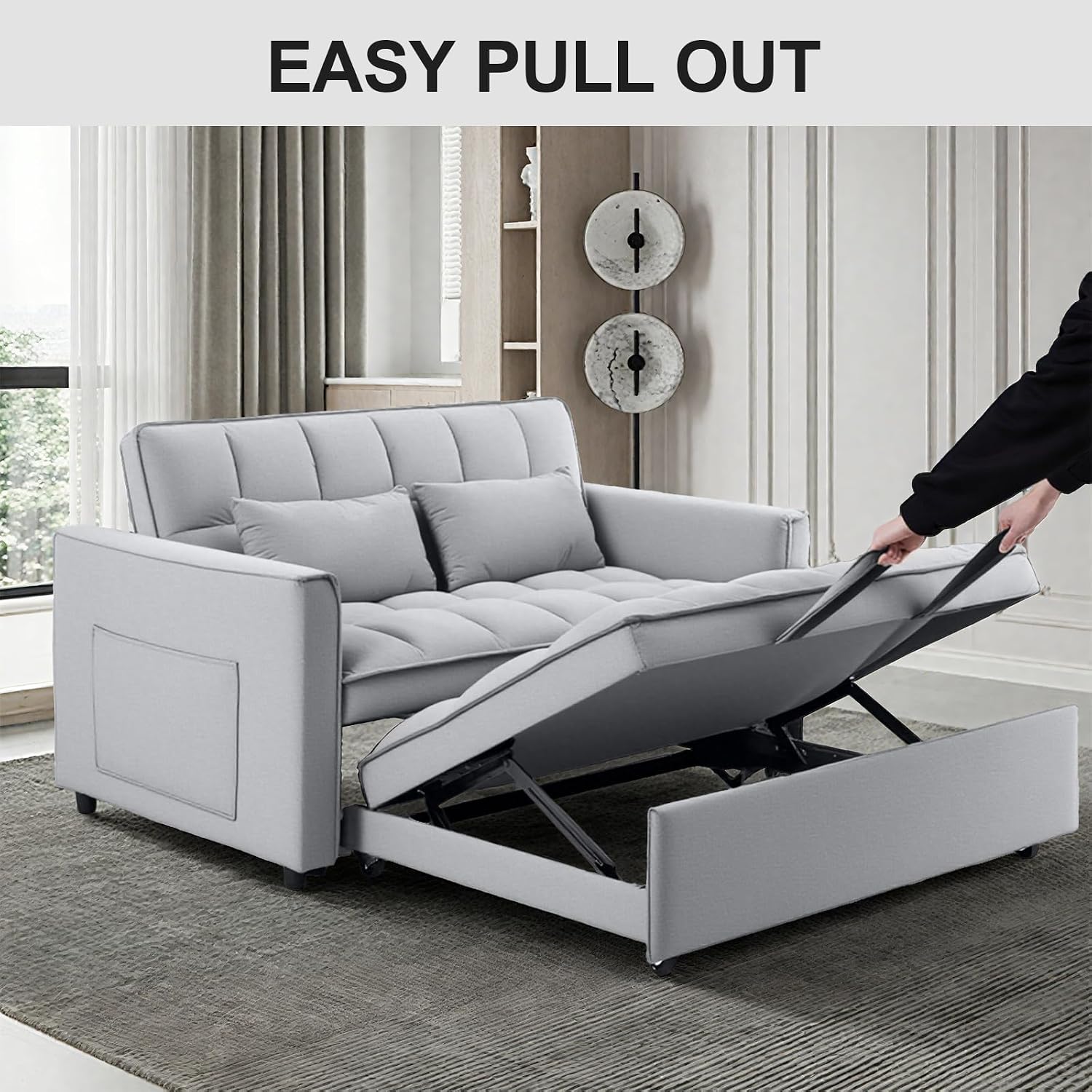 3 in 1 Convertible Sleeper Sofa Bed, 53' Pull Out Sofa Bed with 3-Level Adjustable Backrest, Velvet Fabric Loveseat Sleeper Couch for Living Room & Bedroom & Apartment & Dorm, Light Gray