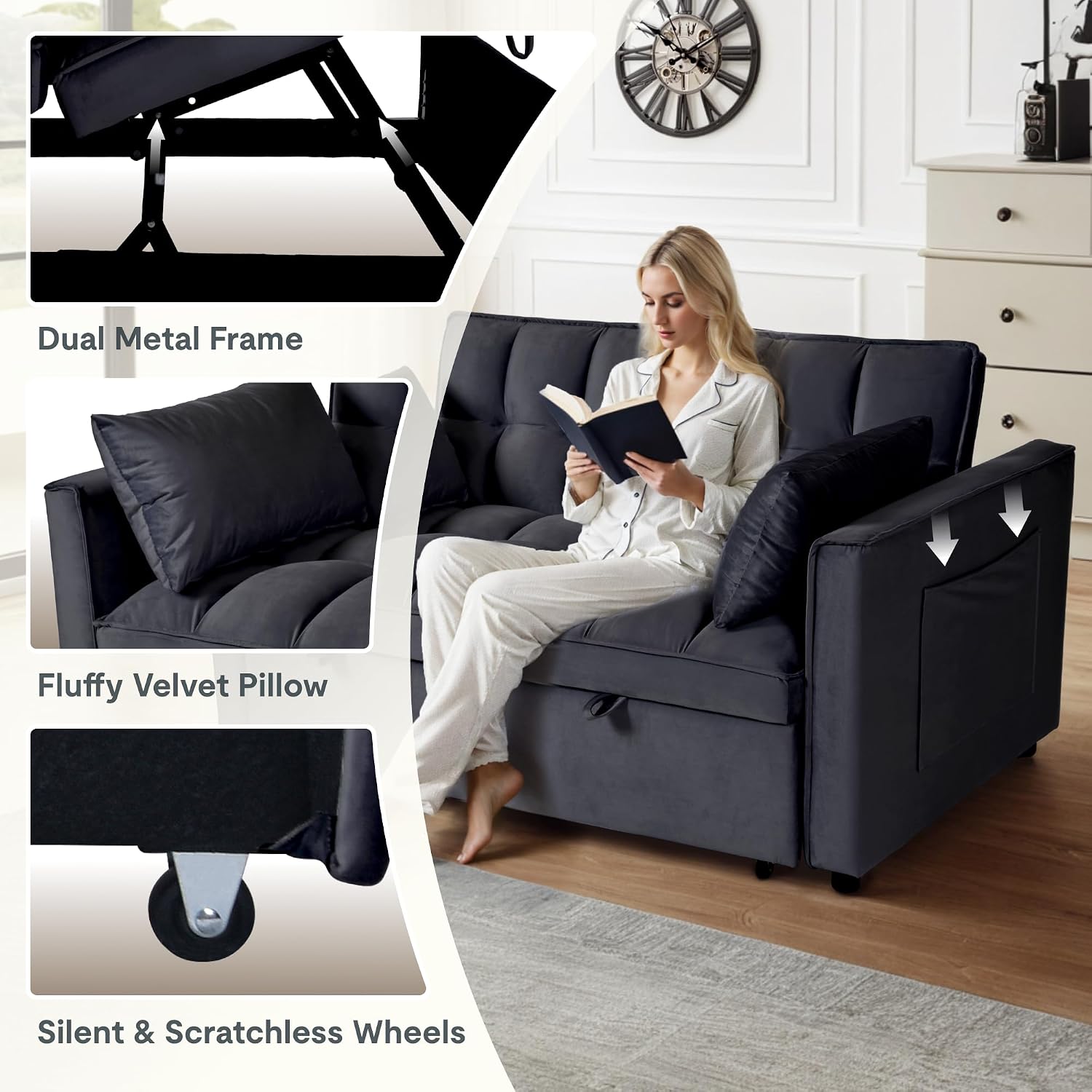 FLEXISPOT XCT4 Pull Out Couch, 3-in-1 Loveseat Sleeper Sofa Bed with Adjustable Backrest, Pillows, Side Pockets, Convertible Futon Sofa for Small Spaces, Apartment, Dorm, Guest Room, Black
