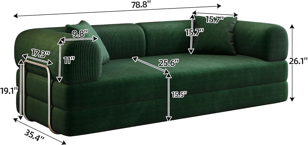 79' Convertible Sofa Bed, Corduroy Folding Pull Out Couch with Pillows, No Assembly Modern Boneless Couch Compression Sofa in Box, Floor Sofa with Support Rods for Living Room,Dark Green