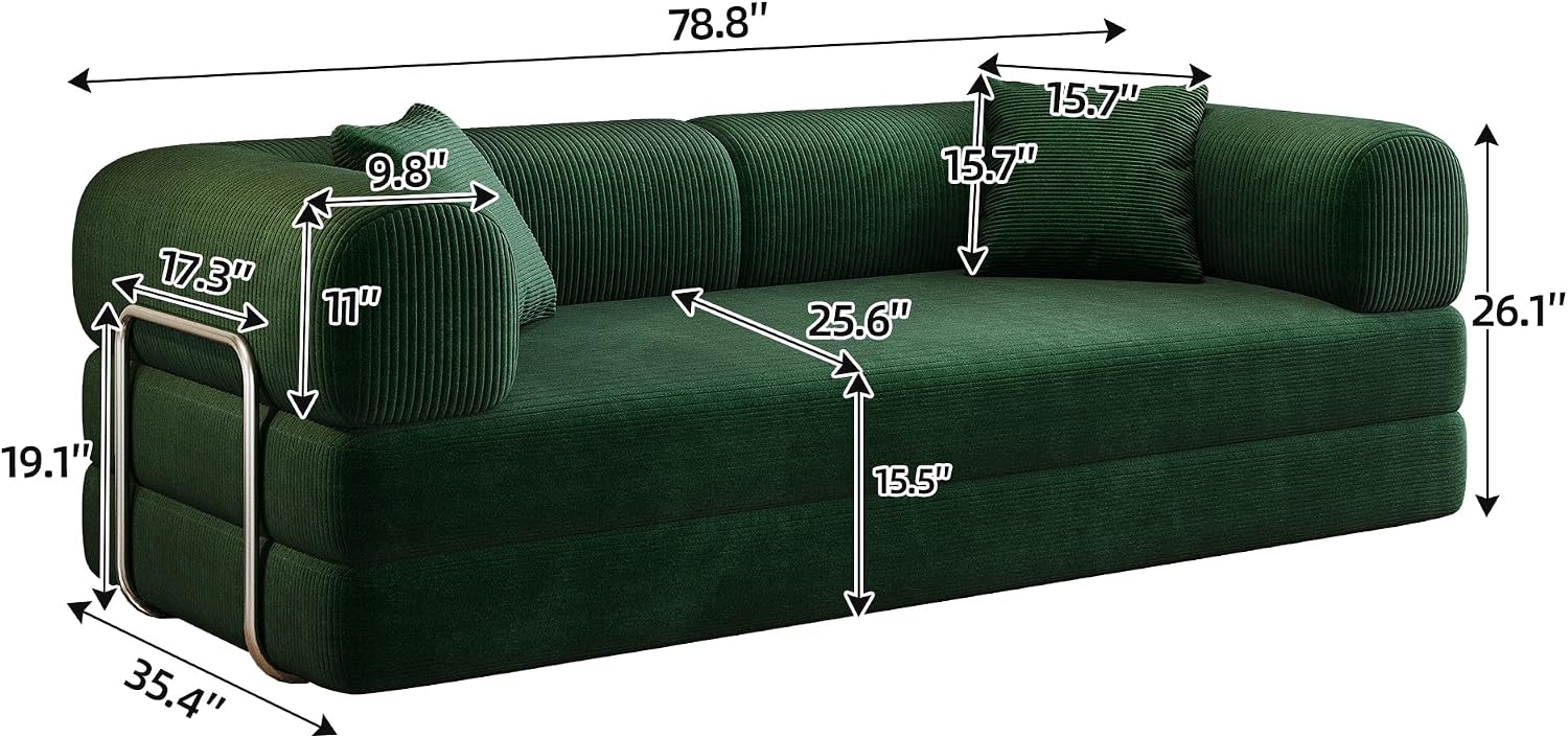 79' Convertible Sofa Bed, Corduroy Folding Pull Out Couch with Pillows, No Assembly Modern Boneless Couch Compression Sofa in Box, Floor Sofa with Support Rods for Living Room,Dark Green