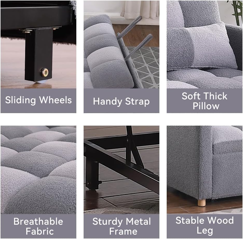 Loveseat Sleeper Sofa- 3 in 1 Convertible Sofa Bed,Pull Out Couch with Adjustable Backrest,Multi-Functional Lounge Chair with Teddy Fabric for Living Room,Small Space (Grey)