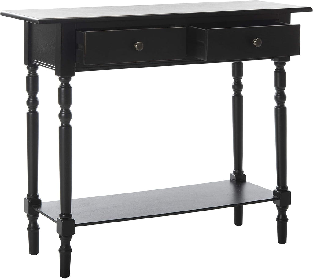 SAFAVIEH Home Collection – Rosemary Distressed Black Console Table with Drawers & Shelf, Classic Contemporary Storage Console, Turned Leg Design (AMH5705B)