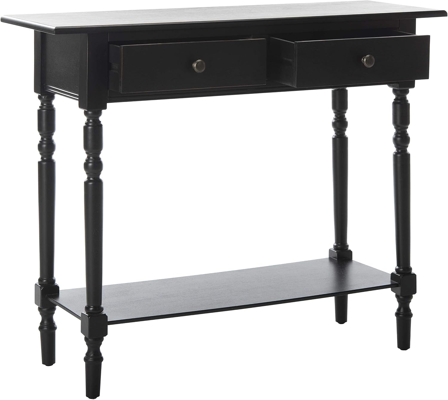 SAFAVIEH Home Collection – Rosemary Distressed Black Console Table with Drawers & Shelf, Classic Contemporary Storage Console, Turned Leg Design (AMH5705B)