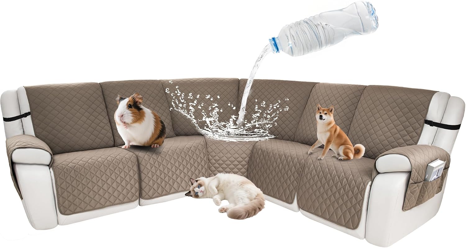 Waterproof Sectional Reclining Couch Covers L Shaped Recliner Sectional Sofa Cover 7 Piece Non Slip Washable Corner Recliner Slipcover Set for Pet Dog (5 Seater Cover, Camel)