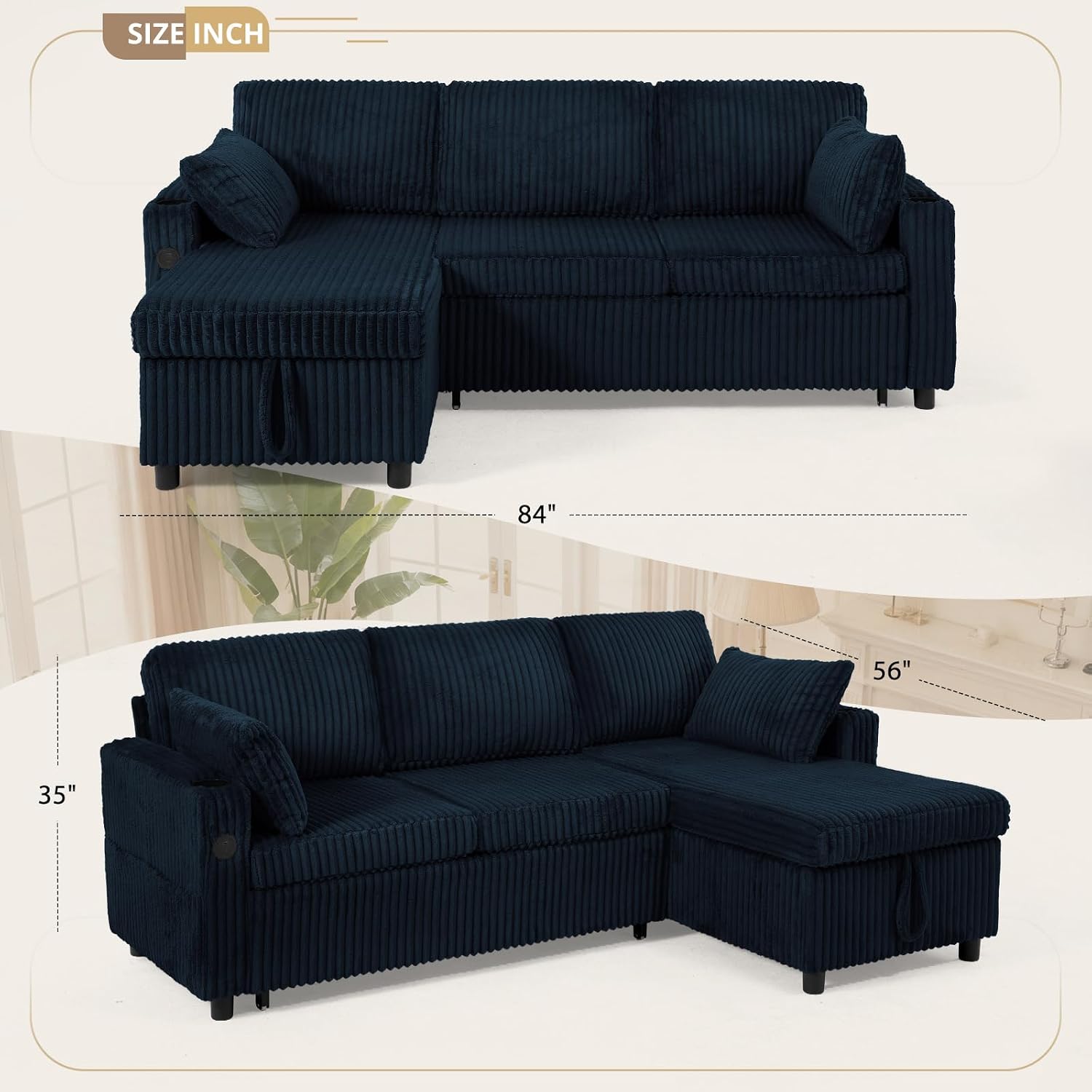 84' Corduroy Pull Out Sofa Bed w/Adjustable Backrests, Sectional L-Shape Sleeper Sofa w/Storage Chaise, Convertible Couch Bed w/USB Charging Port & Cup Holders for Living Room, House, Blue