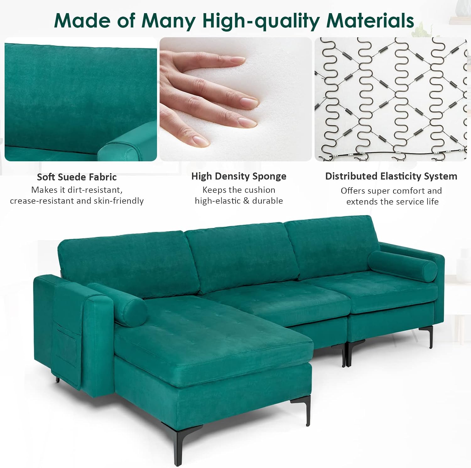 Giantex 97' Couch, Sectional Sofa, L-Shaped Modular Sleeper with Convertible Chaise Lounge, USB Ports, 3-Hole Socket, Hidden Storage Box, 2 Bolsters, Family Apartment Living Room Bedroom Office (Teal)