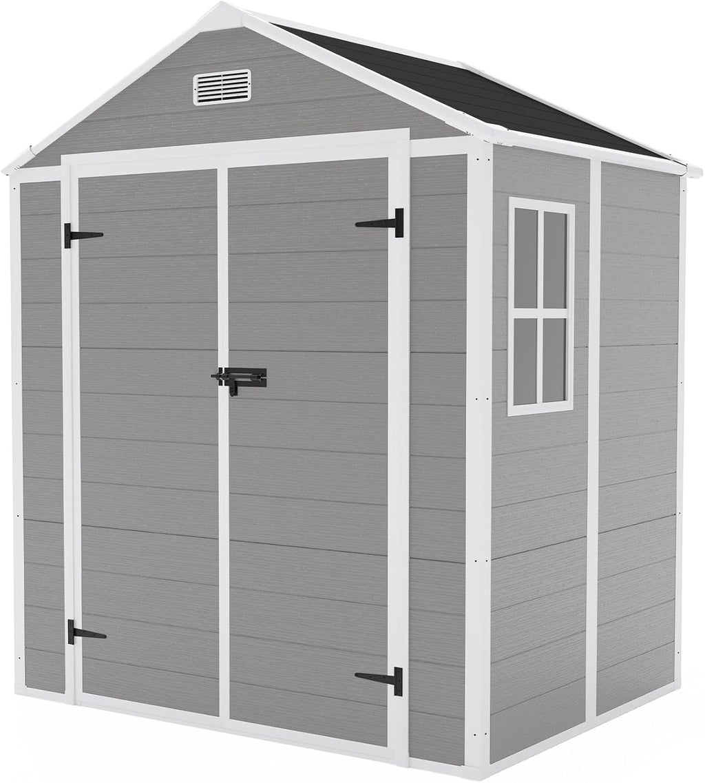 YOPTO 6x5 FT Resin Outdoor Storage Shed with Floor, All-Weather Plastic Shed with Lockable Doors, Window & Vents, Utility Plastic Tool Shed Storage House for Backyard, Patio, Light Grey
